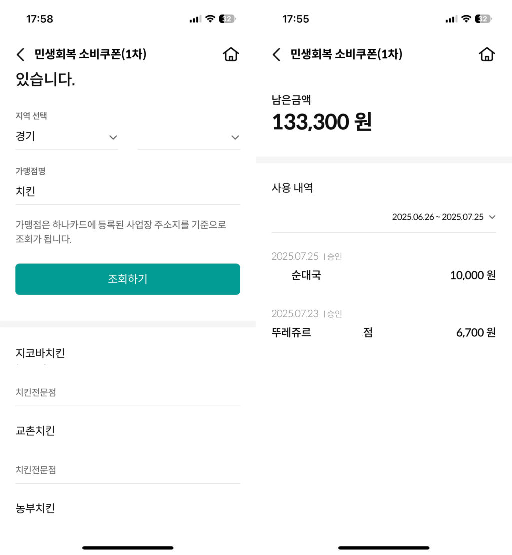 민생회복 소비쿠폰 사용 가능 매장(좌) 및 사용내역(우) 조회 화면