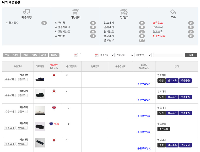 배대지에 등록된 구매대행 해외배송요청목록