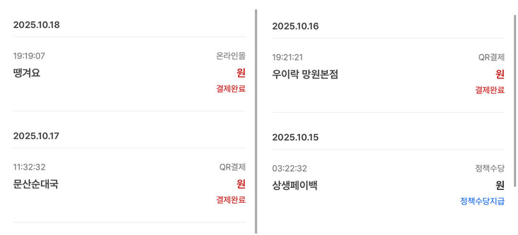 상생페이백 디지털 온누리 상품권 사용 내역